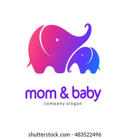 Vector logo mother elephant with a baby elephant. Mom and Baby sign