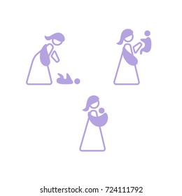Vector logo mother with her baby in sling. Sling logotype set