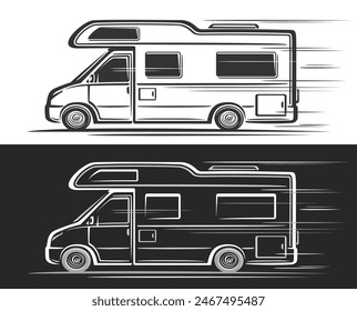 Vector logo for Motorhome, horizontal automotive banners with clip art illustration of monochrome classic motorhome in moving, decorative artwork of running camper van on black and white background