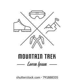 Vector logo mountain trek. Hipster emblem, label or banner for mountain trek. Line sign with elements. Concept brand.