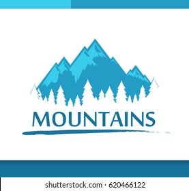 Vector Logo with Mountains and Forest. Insignia for Travel Company isolated on white background.