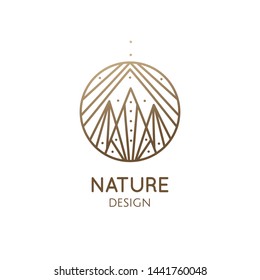 Vector logo of mountains, nature elements. Round sacred symbol. Geometric icon of abstract landscape - business emblem for design cards, packaging, zen, ecology, health concepts, yoga Center.