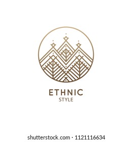 Vector logo of mountains, nature geometric elements. Round sacred symbol. Outline icon of abstract landscape - business emblem for design cards, packaging, zen, ecology, health concepts, yoga Center.