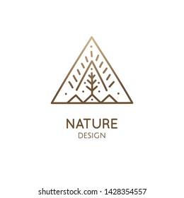 Vector logo mountains and tree. Simple minimal emblem. Linear icon of landscape with tree, sun, three hills - business emblems, badge for travel, farming and ecology concepts, health and yoga Center