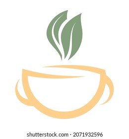 Vector logo mug with natural herbal tea and green leaves.
