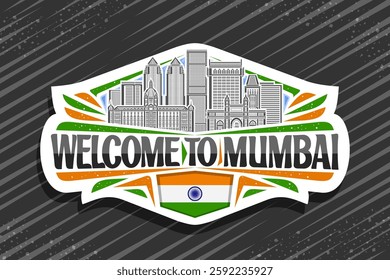 Vector logo for Mumbai, decorative cut paper tag with line illustration of urban asian mumbai city scape on day sky background, art design horizontal refrigerator magnet with words welcome to mumbai