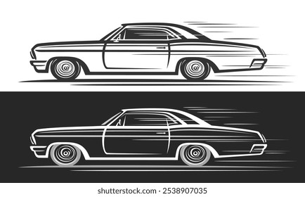 Vector logo for Muscle Car, automotive horizontal banners with illustration of monochrome retro style hot rod in moving, decorative artwork of running historic muscle car on black and white background