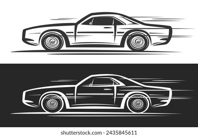 Vector logo for Muscle Car, horizontal decorative automotive banners with contour illustration of extreme muscle coupe in motion, art design concept car on black and white background