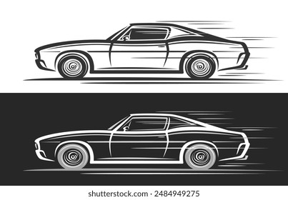 Logotipo de Vector para el coche del músculo, Anuncios automotrices Horizontales con la ilustración del coche del músculo del estilo clásico en movimiento, obra de arte decorativa del coche de concepto monocromo que corre sobre fondo blanco y negro