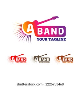 vector logo of music band with an electro guitar,  and the words A band, written on violet, red, brown and grey plate.