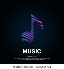 Silueta de color de la música con logotipo vector en un fondo oscuro. icono de nota musical con estructura de arte de línea simple creativa. EPS 10