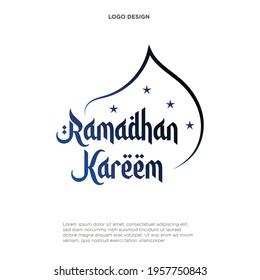 Vector logo for muslim calligraphy Ramadan Kareem, cut paper sign with original brush typeface for word ramadan kareem, label with dome and minaret of mubarak mosque on green moroccan seamless pattern