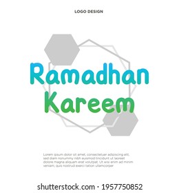 Vector logo for muslim calligraphy Ramadan Kareem, cut paper sign with original brush typeface for word ramadan kareem, label with dome and minaret of mubarak mosque on green moroccan seamless pattern