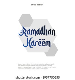 Vector logo for muslim calligraphy Ramadan Kareem, cut paper sign with original brush typeface for word ramadan kareem, label with dome and minaret of mubarak mosque on green moroccan seamless pattern