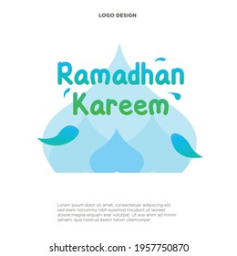 Vector logo for muslim calligraphy Ramadan Kareem, cut paper sign with original brush typeface for word ramadan kareem, label with dome and minaret of mubarak mosque on green moroccan seamless pattern