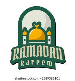 Vector logo for muslim Ramadan Mubarak, label with gold dome and minarets of mubarak mosque on white background