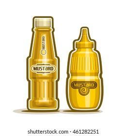 Vector Logo Mustard Jar, Yellow Plastic Squeeze Bottle Squirt And Glass Cartoon Container Dispenser Dijon Spicy Paste. Yellow Mustard Jar For Kitchen American Cafe Bistro Fast Food On White Background