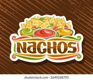 Vector logo for Nachos, decorative cut paper sign board with illustration of homemade salted nachos, horizontal poster with unique lettering for text nachos and colorful flourishes on brown background