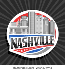 Logotipo de Vector para Nashville, etiqueta redonda decorativa blanca con ilustración de línea de paisaje de la ciudad de nashville en el fondo del cielo del día, imán de refrigerador de diseño de arte con letras únicas para texto negro nashville