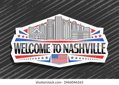 Vector logo for Nashville, white decorative label with illustration of panoramic nashville city scape on day sky background, line art design refrigerator magnet with black words welcome to nashville