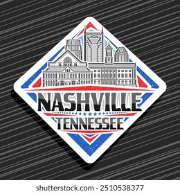 Logotipo vetorial para Nashville, sinal de estrada branco rhomb com ilustração de linha da famosa paisagem da cidade de nashville no fundo do céu do dia, ímã de geladeira urbana decorativo com texto preto nashville, tennessee