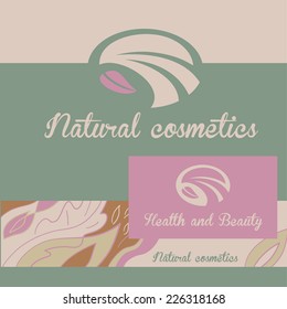 Vector logo natural cosmetics. Banner and badge. The color background pattern with vegetative elements.