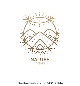 Vector Logo Of Nature Abstract Elements. Round Sacred Symbol. Outline Icon Of Landscape With Sun, Mountains - Business Emblems, Badge For A Travel, Holistic, Zen, Ecology Concepts, Health, Yoga Center