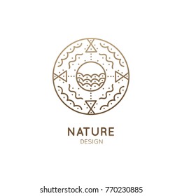 Vector logo of nature abstract elements. Round sacred symbol. Outline icon of abstract landscape: lake, clouds - business emblem for design cards, packaging, zen, ecology, health concepts, yoga Center