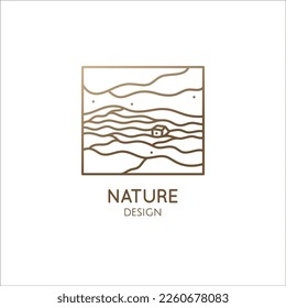 Vector logo of nature elements, agricultural landscape. Decorative ornamental emblem. Linear abstract icon with houses, fields - business design, badge for travel, farming and ecology, health concepts