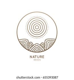 Vector logo of nature elements in a circle. Abstract linear icon of landscape with mountains and sun - business emblems, badge for a travel, tourism and ecology concepts, health and yoga Center.
