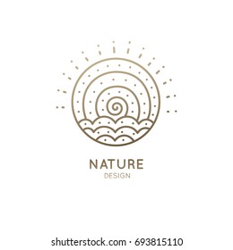 Vector logo of nature elements in a circle. Abstract linear icon of landscape with waves and sun - round business emblems, badge for a travel, tourism and ecology concepts, health and yoga Center.