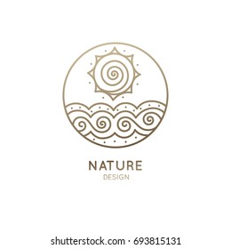 Vector logo of nature elements in a circle. Abstract linear icon of landscape with waves and sun - round business emblems, badge for a travel, tourism and ecology concepts, health and yoga Center.