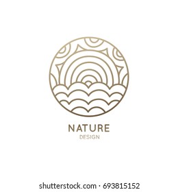 Vector logo of nature elements in a circle. Abstract linear icon of landscape with waves and sun - round business emblems, badge for a travel, tourism and ecology concepts, health and yoga Center.