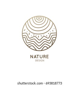 Vector logo of nature elements in a circle. Abstract linear icon of landscape with mountains and sun - round business emblems, badge for a travel, tourism and ecology concepts, health and yoga Center.