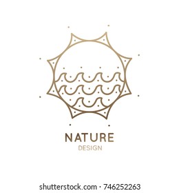 Vector logo of nature elements in a circle. Abstract linear icon of landscape with waves, sun and sea - round business emblems, badge for a travel, tourism and ecology concepts, health and yoga Center