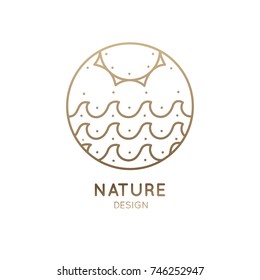 Vector logo of nature elements in a circle. Abstract linear icon of landscape with waves, sun and sea - round business emblems, badge for a travel, tourism and ecology concepts, health and yoga Center