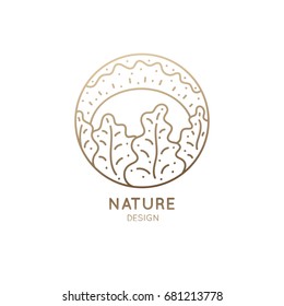 Vector logo of nature elements isolated in linear style. Outline icons landscape with trees and sun - business emblems, badge for a travel, farming, ecology concept, spa, health and yoga Center. 