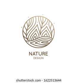 Vector logo of nature elements in linear style. Linear icon of landscape with fields and trees with river or lake - business emblems, badge for a travel, farming and ecology concepts, health and yoga Center.