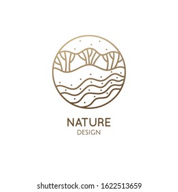 Vector logo of nature elements in linear style. Linear icon of landscape with trees and field with river - business emblems, badge for a travel, farming and ecology concepts, health and yoga Center.