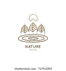 Vector logo of nature elements in linear style. Outline icon of landscape with trees,sun, water - business emblems, badge for a travel, farming and ecology concepts, health, spa and yoga Center.