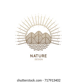 Vector Logo Of Nature Elements. Linear Icon Of Mountain Landscape With Trees, River, Sun - Business Emblems, Badge For A Travel, Farming And Ecology Concepts, Health And Yoga Center.