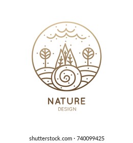 Vector logo of nature elements in linear style. Outline round icon of landscape with trees, river, fields, cloud - business emblems, badge for travel, farming and ecology concepts, health, yoga Center