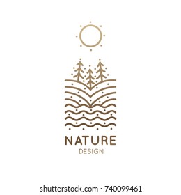 Vector logo of nature elements. Linear vertical icon of landscape with trees, river, fields, sun - business emblems, badge for a travel, farming and ecology concepts, health and yoga Center.