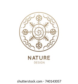 Vector logo of nature elements in linear style. Outline round icon of landscape with trees, lake and clouds - business emblems, badge for a travel, farming and ecology concepts, health and yoga Center