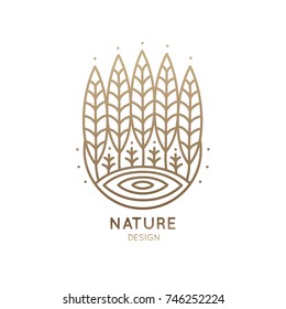 Vector logo of nature elements. Linear icon landscape with trees, lake, sun - business emblems, badge for a travel, farming and ecology concepts, health and yoga Center.