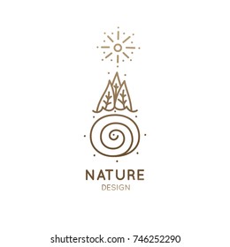 Vector logo of nature elements in linear style. Outline icon of landscape with trees, river, sun - business emblems, badge for a travel, holistic and ecology concepts, health, spa and yoga Center.