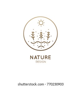 Vector logo of nature elements in linear style. Outline icons winter landscape with trees, sun and river - business emblems, badge for a travel, farming, ecology concept, spa, health and yoga Center.