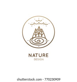 Vector logo of nature elements in linear style. Outline round icon of landscape with trees, river or lake, clouds - business emblems, badge for travel, farming and ecology concepts, health, yoga Cente