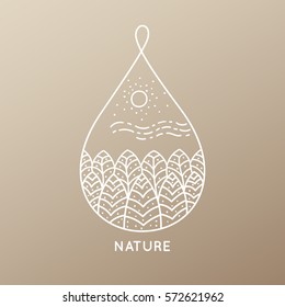 Vector logo of nature elements on golden background. Linear icon of landscape with trees, plants - business emblems, badge for a travel, farming and ecology concepts, spa, health and yoga Center.