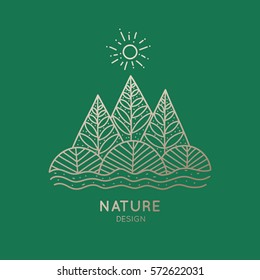 Vector logo of nature elements on green background. Linear icon of landscape with trees, plants - business emblems, badge for a travel, farming and ecology concepts, health and yoga Center. 